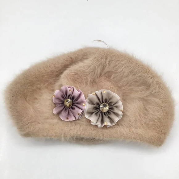 Women's Super Soft Beret Fuzzy Floral Ribbon Rhinestones Tan Pink Brown Feathers - Picture 2 of 9